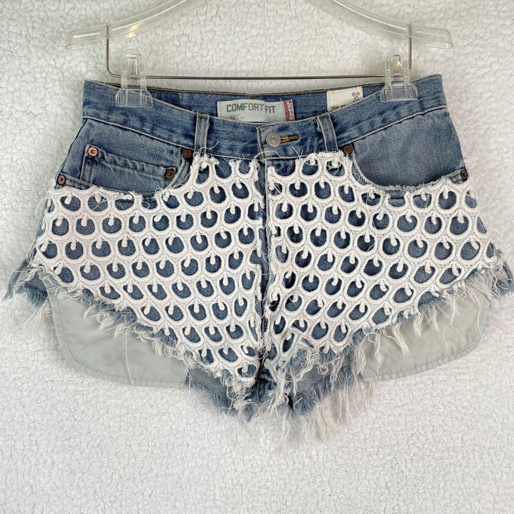 Levi's Light Blue Denim Jean Shorts with White Crochet Overlay